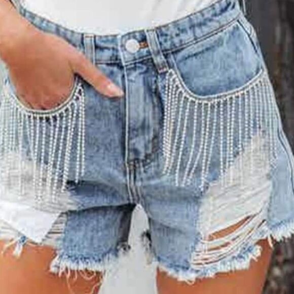 Blue B Pants - Blue B Buckle Collection Womens High Rise Cut Off Denim Shorts Rhinestones NWT M